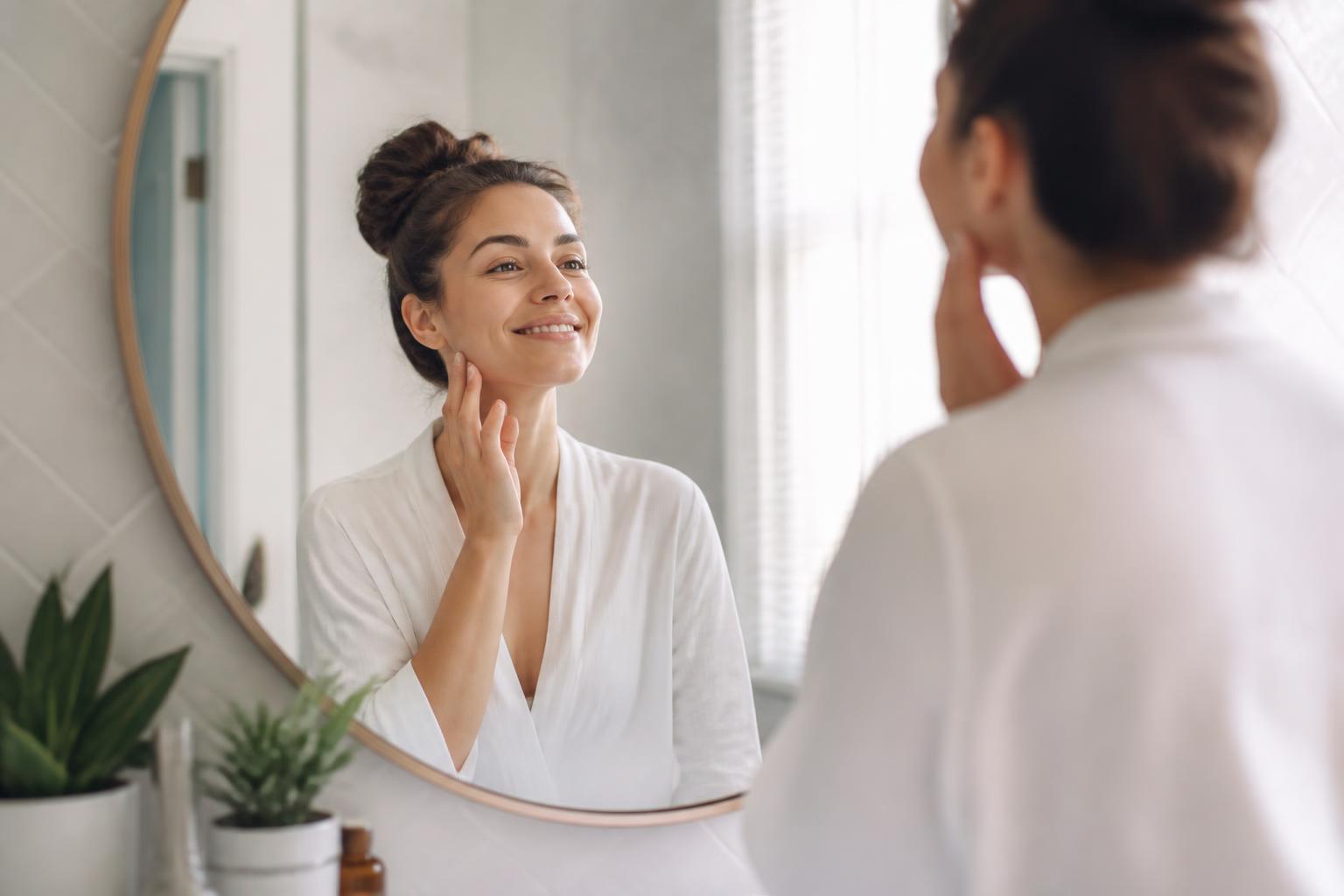 Rachel smiling confidently at her reflection during her morning routine