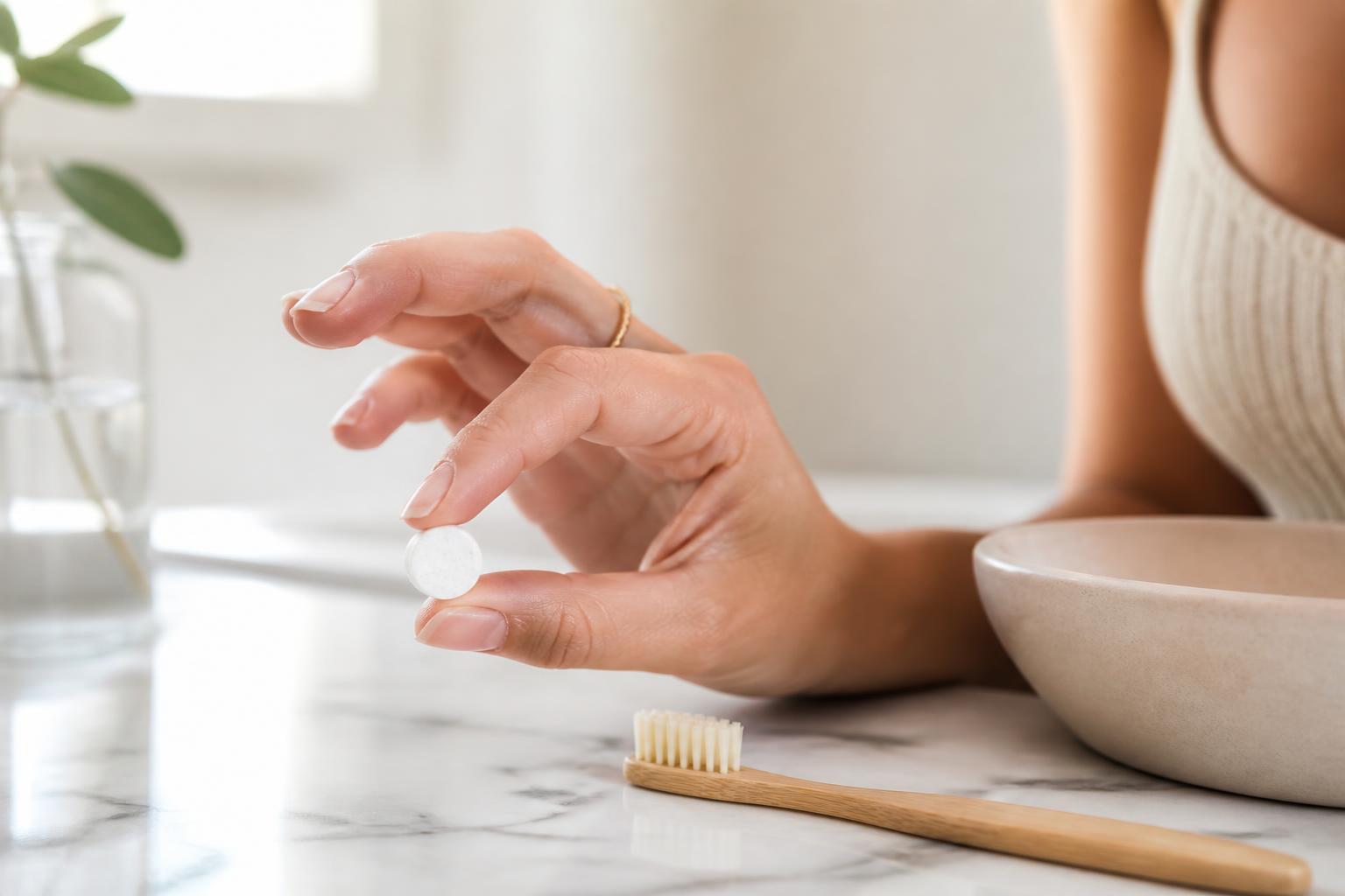 A small white ProDentim soft chew tablet held during a morning routine