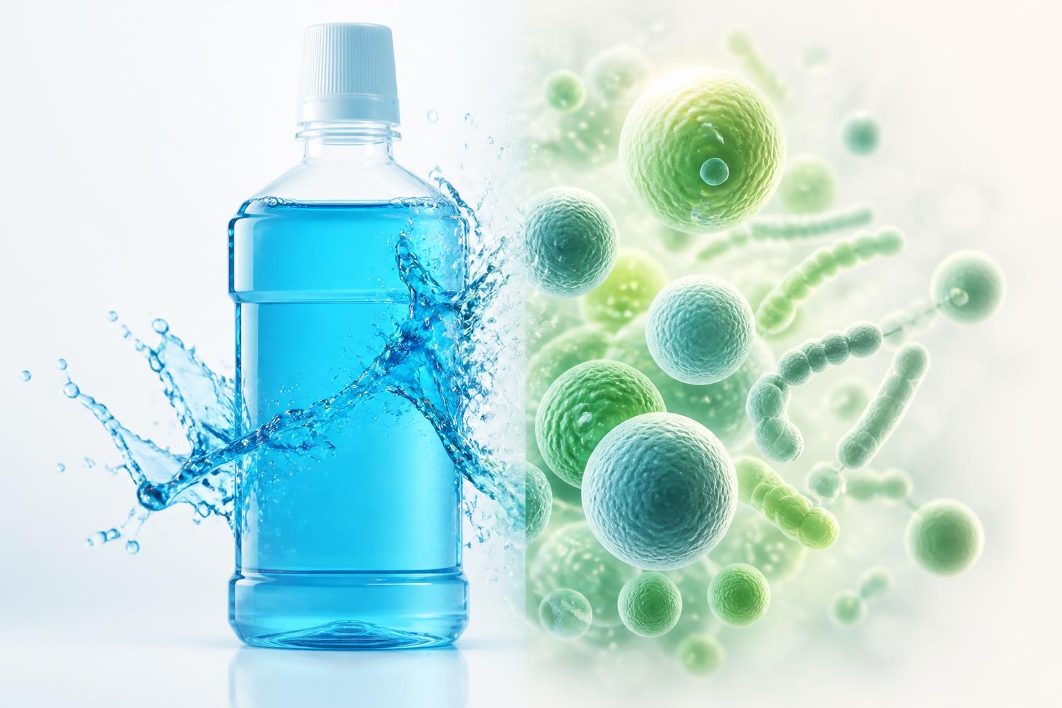 Antiseptic mouthwash beside beneficial oral probiotic bacteria