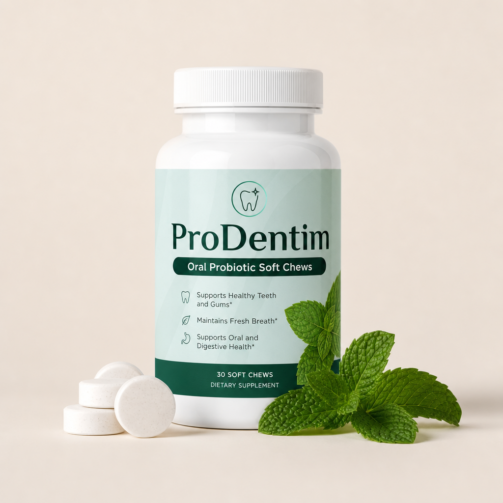 ProDentim oral probiotic soft chews bottle with fresh mint leaves